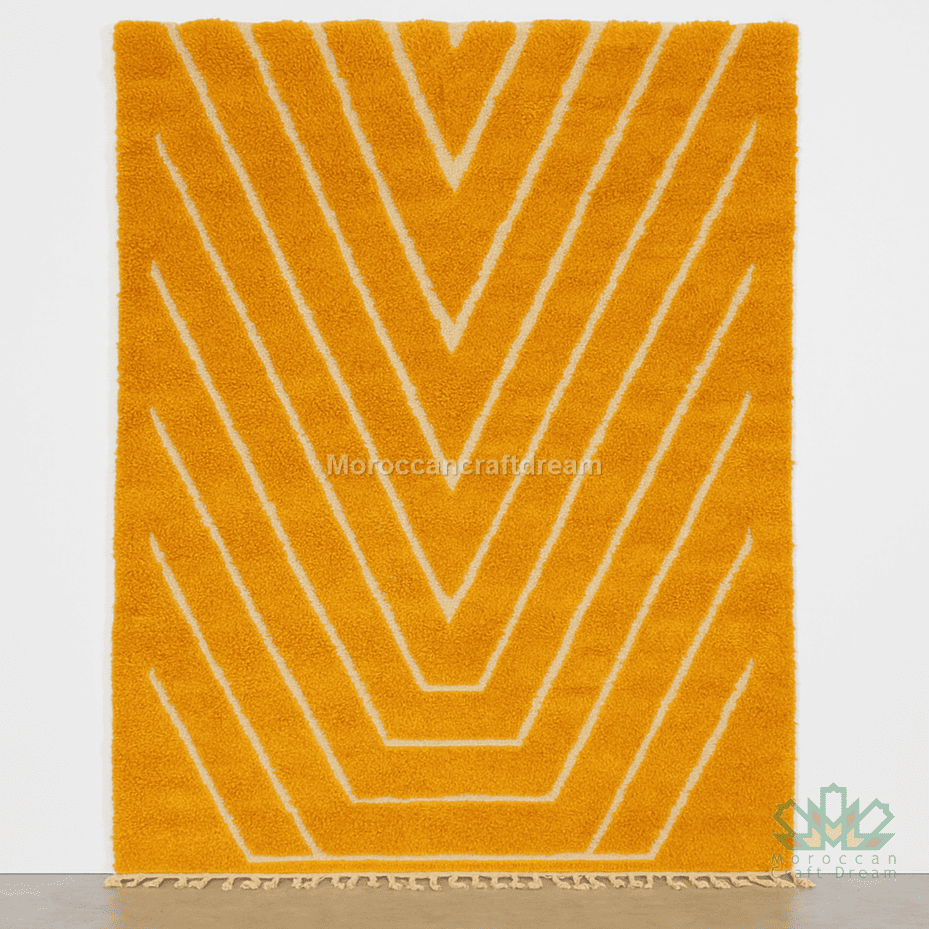 Mustard rug with white geometric pattern on a white background