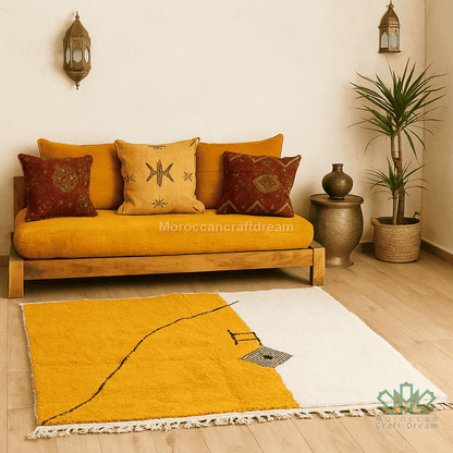 Yellow Moroccan sofa with patterned cushions in a room with a plant and decorative rug.