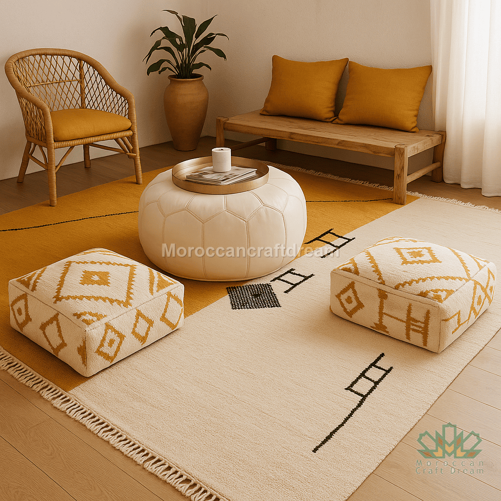 Living room with wooden bench, ottomans, and a coffee table on a patterned rug.