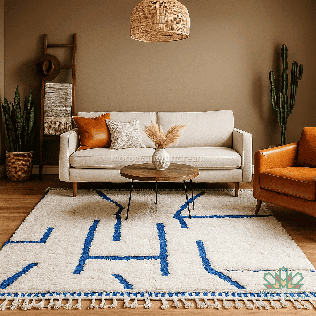Living room with a beige sofa, orange armchair, and patterned rug.