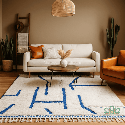 Living room with a beige sofa, orange armchair, and patterned rug.