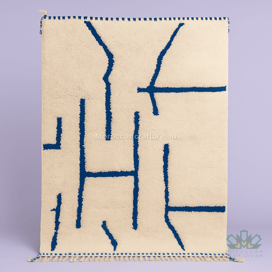 Beige rug with blue geometric pattern on a light purple background