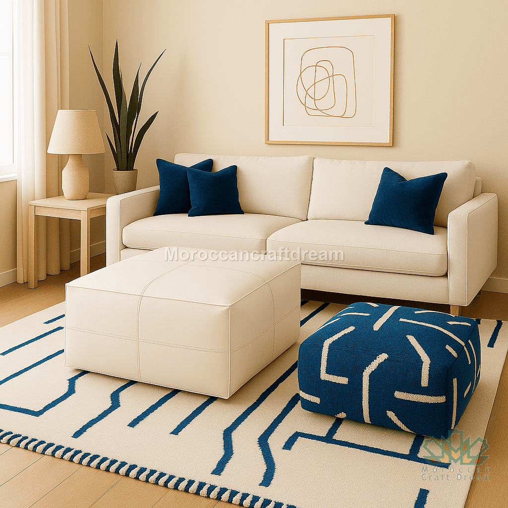 Modern living room with a white sectional sofa, blue ottoman, and abstract art on the wall.