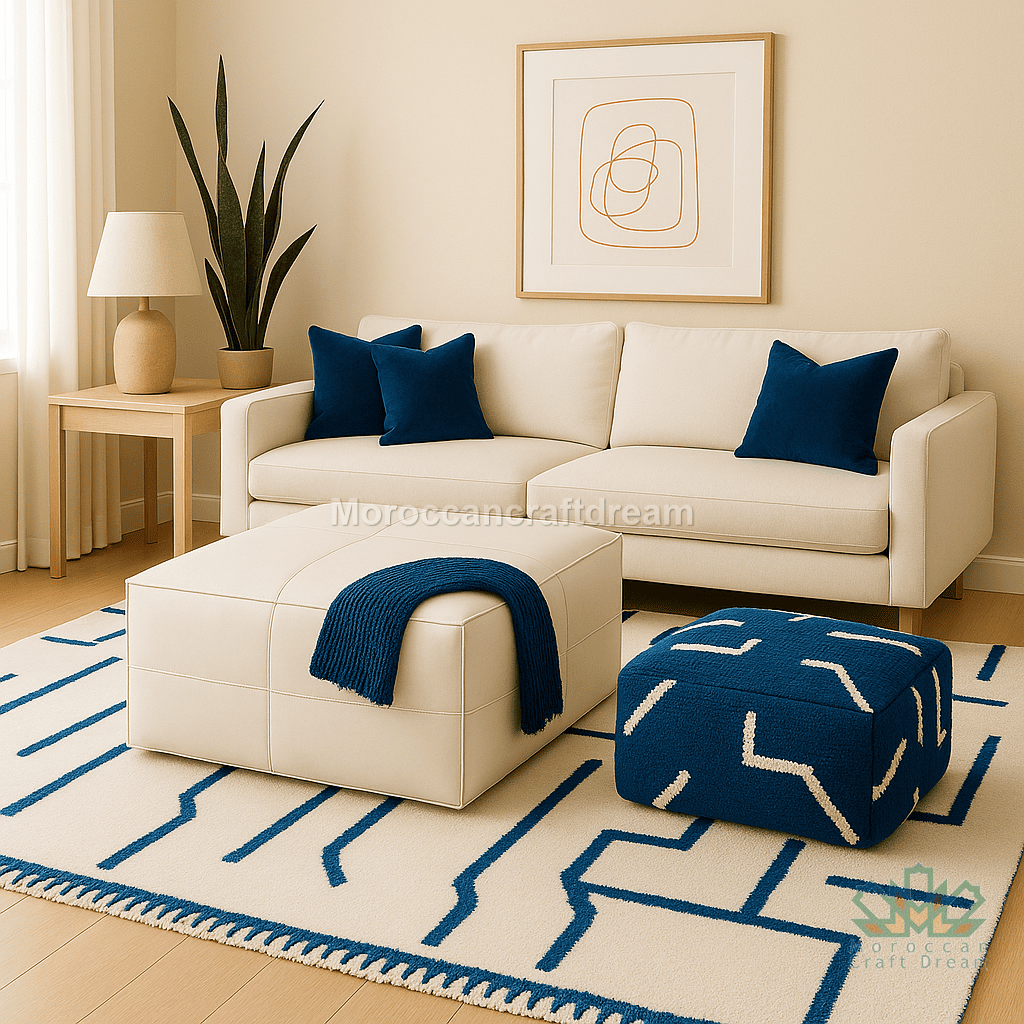 Modern living room with a beige sofa, blue cushions, and a matching ottoman on a geometric rug.