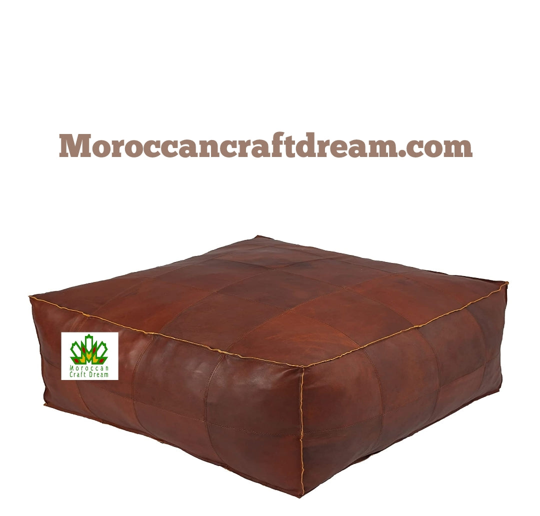 Grand pouf carré/rectangulaire en cuir de luxe chocolat LSP1CH