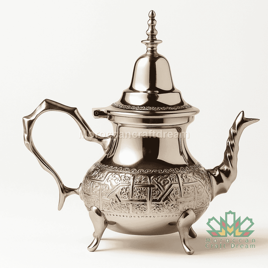 Silver teapot with intricate designs on a white background