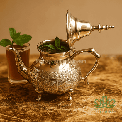Decorative silver teapot with a glass of tea and mint leaves on a marble surface.
