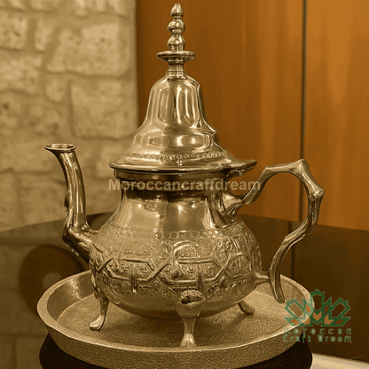 Silver teapot with intricate designs on a stone surface, brand 'MoroccanCraftDream' visible.