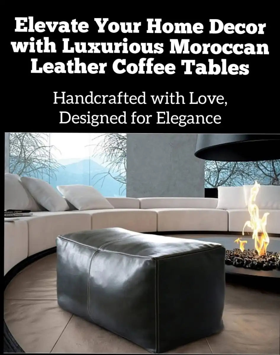 Large black leather ottoman coffee table, perfect for modern living room decor, blending Moroccan pouf ottoman design with functionality. Ideal as an extra large ottoman coffee table, seamlessly fitting into furniture coffee table sets, adding style and practicality to any space.