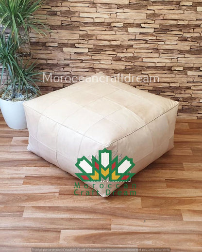 White Square and rectangular Moroccan Classic leather coffee table ottoman, a modern addition that combines elegance and functionality.