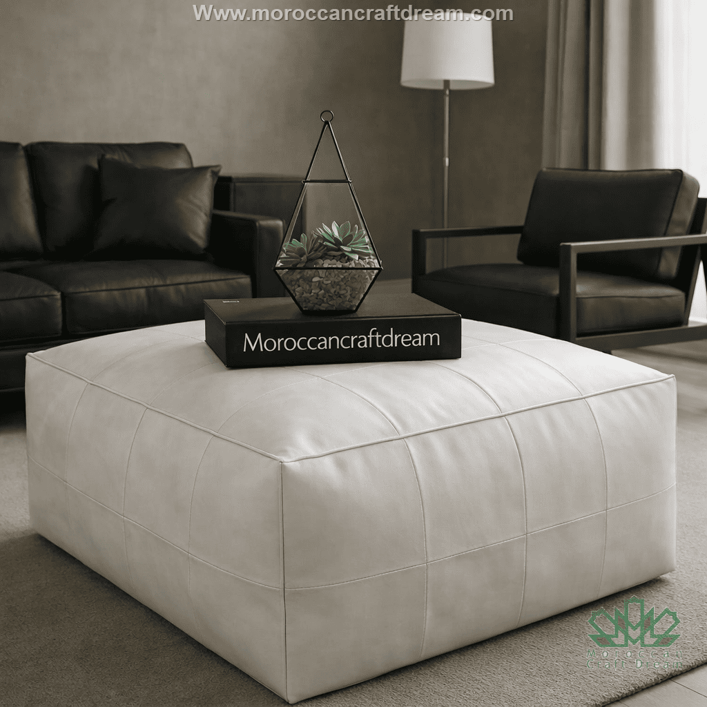 Modern living room with a wihite ottoman coffee table, black sofa, and chair, featuring 'Moroccancraftdream' branding.