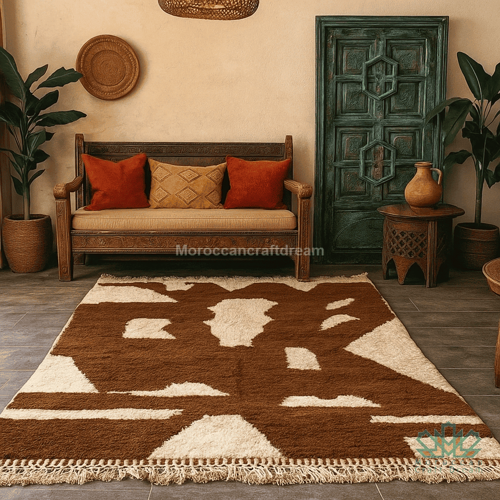 Rug with geometric pattern in a room with wooden furniture and plants