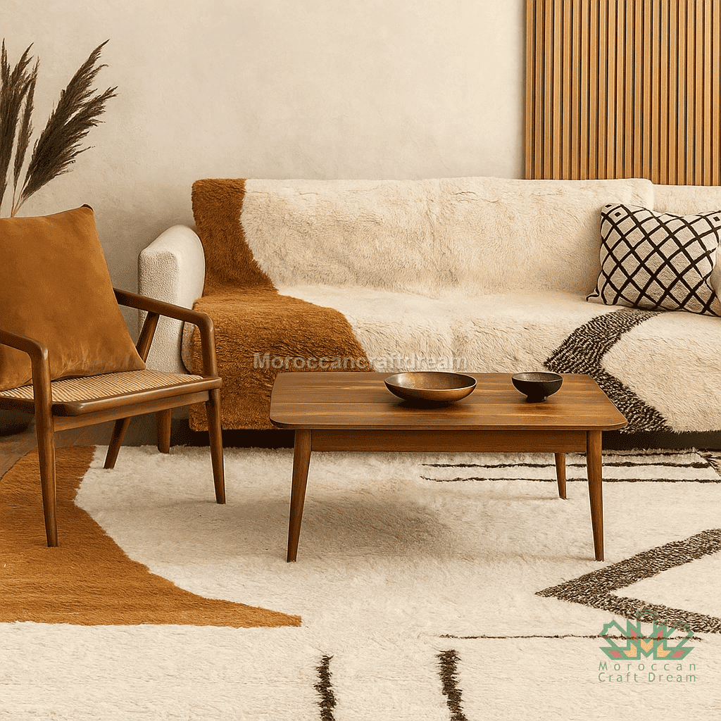 Living room with a sofa, armchair, and coffee table, featuring Moroccan design elements.