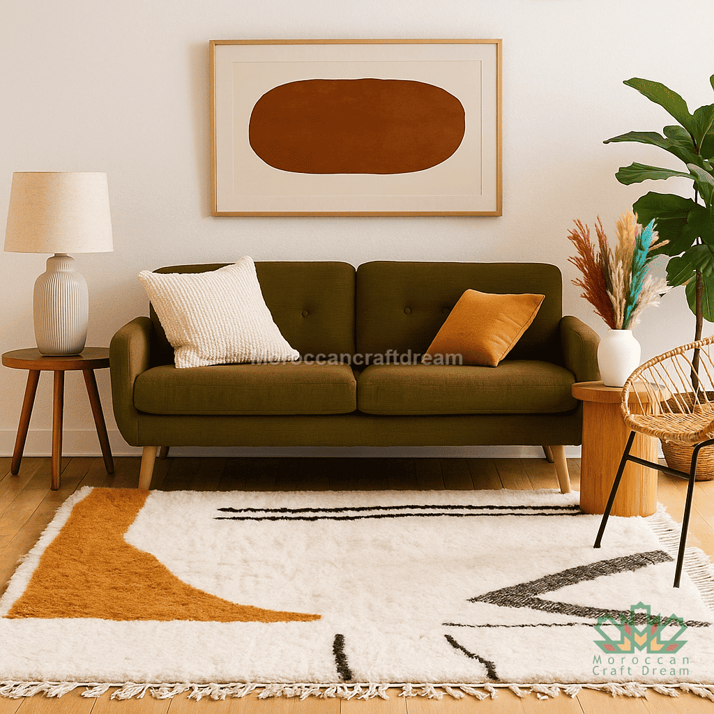 Living room with a green sofa, abstract painting, and decorative rug.