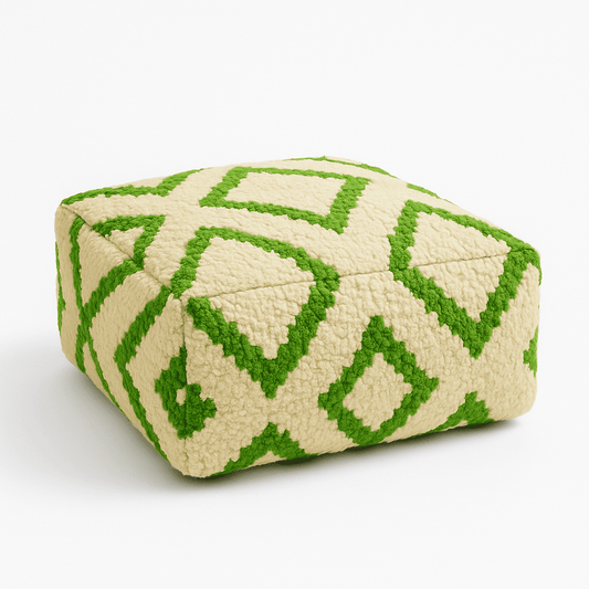 Cube-shaped ottoman with green and beige pattern on a white background