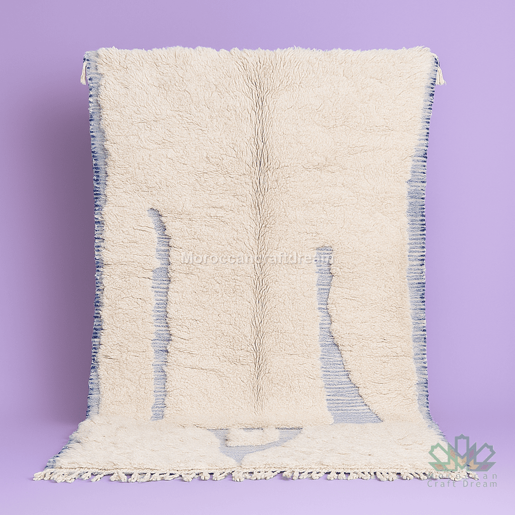 Textured white rug with blue accents on a purple background