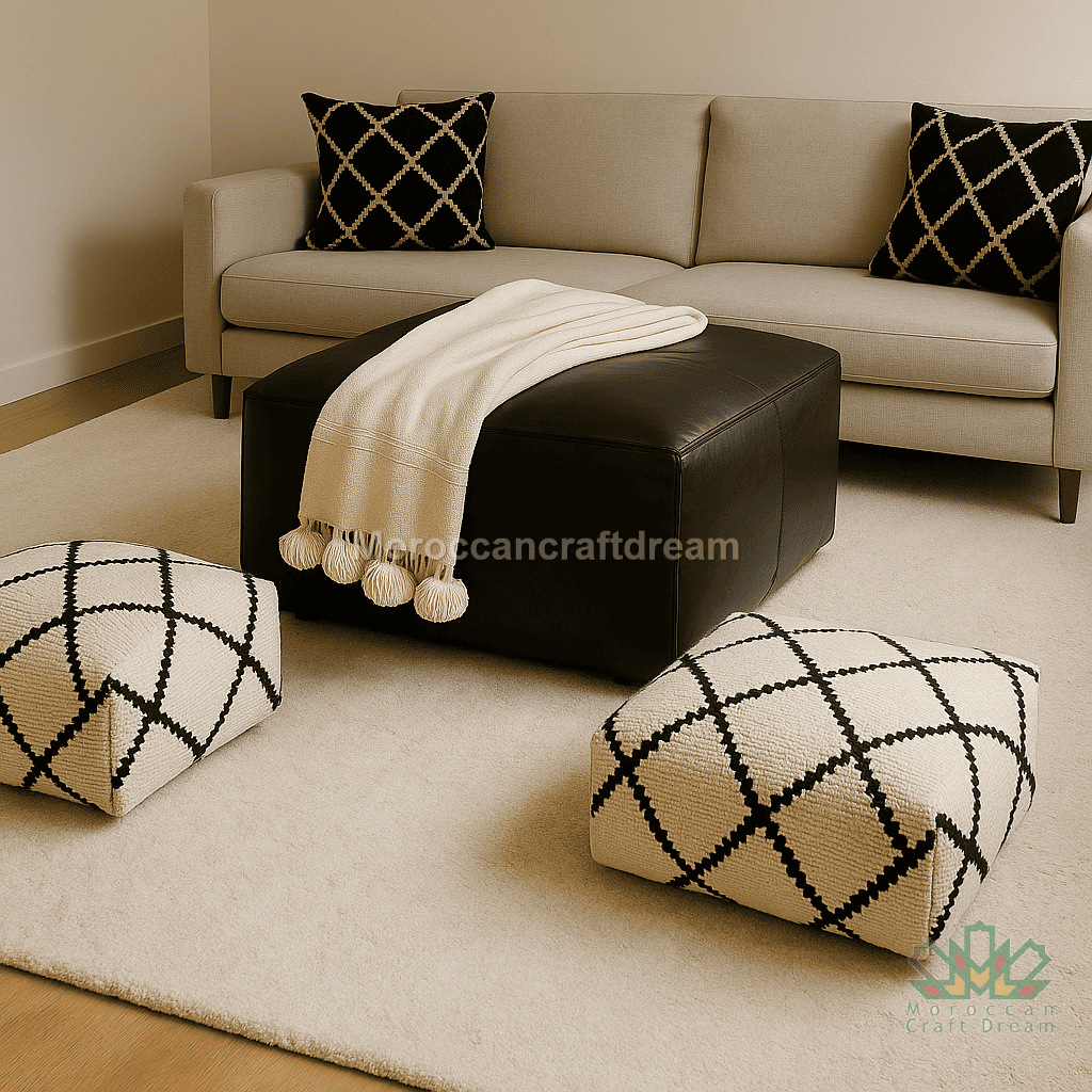 Living room with beige sofa, black ottoman, and patterned cushions.