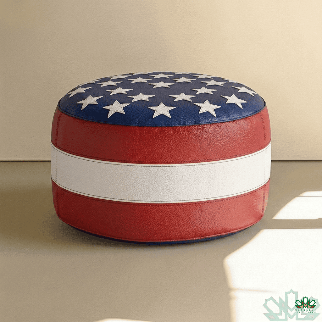 Round ottoman with American flag design on a beige background