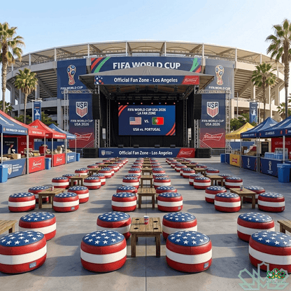 FIFA World Cup 2026 Official Fan Zone setup with tables and chairs in front of a large screen displaying game information.