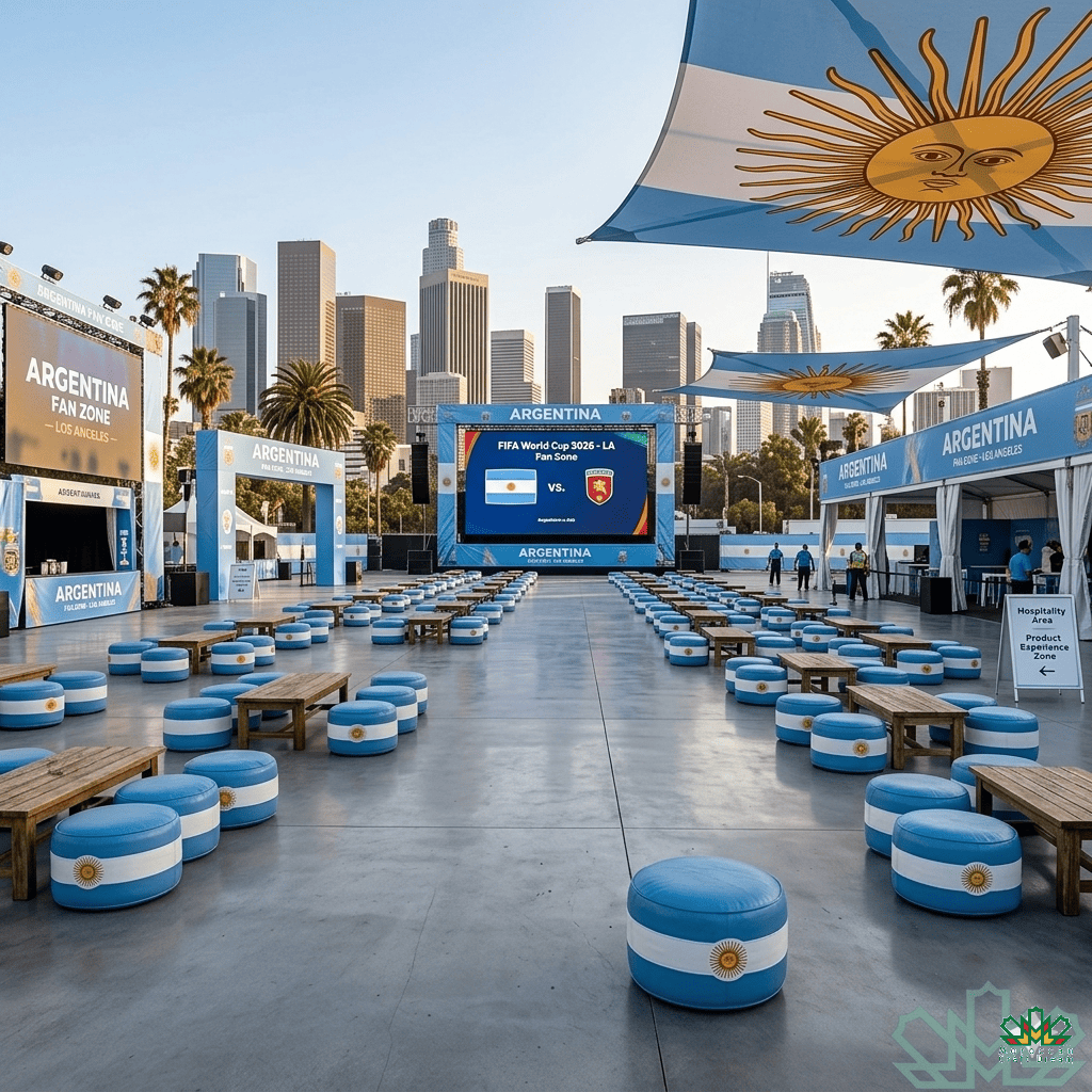 Argentina fan zone setup with blue and white striped stools and a large screen displaying a match.