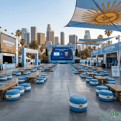 Argentina fan zone setup with blue and white striped stools and a large screen displaying a match.