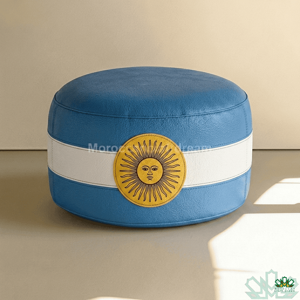 Blue ottoman with a yellow sun emblem on a beige background, argentina flag.