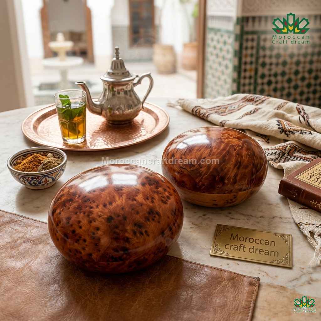 Two wooden bowls on a table with a teapot and glass of tea, featuring Moroccan Craft Dream branding.