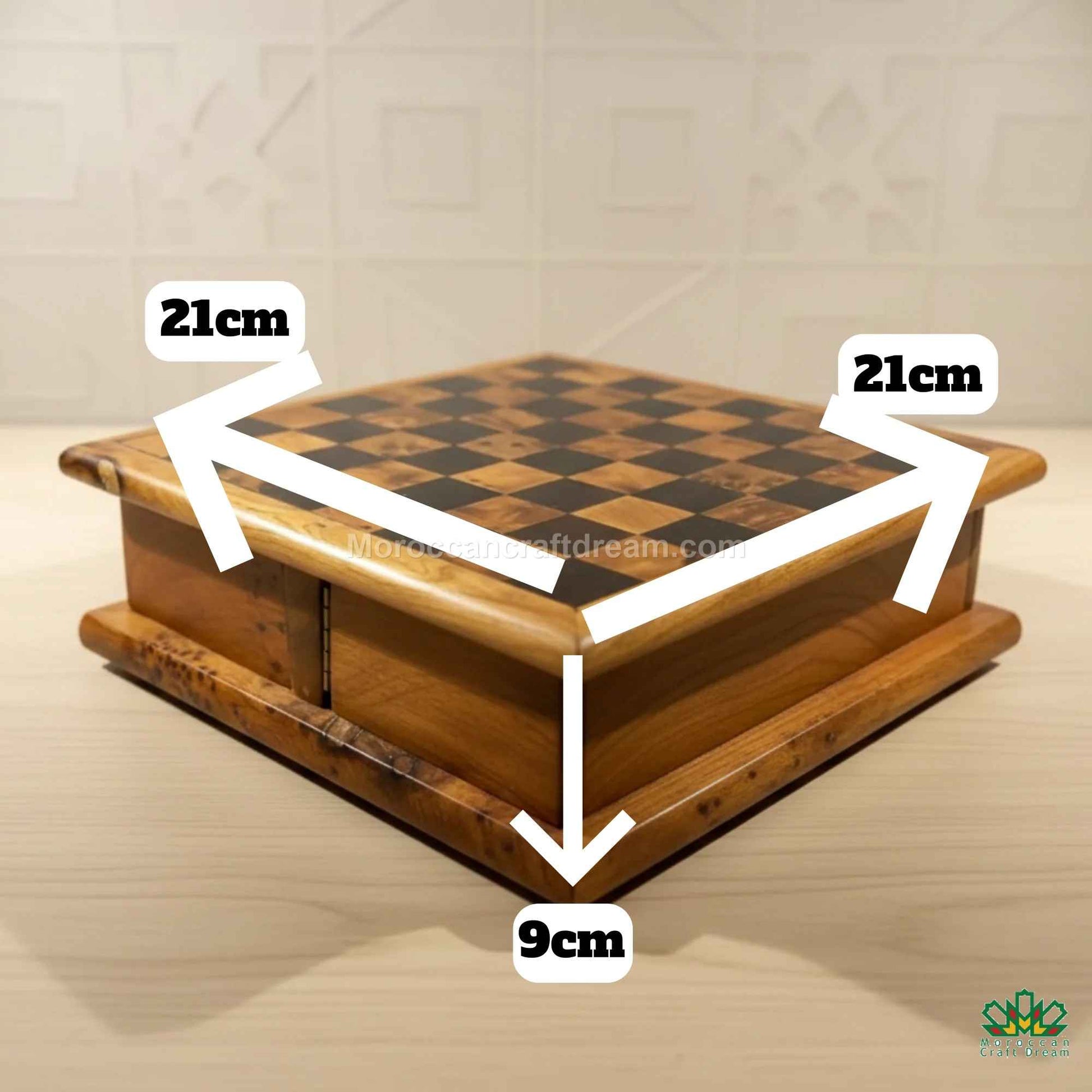 Wooden checkers board with dimensions labeled on a neutral background