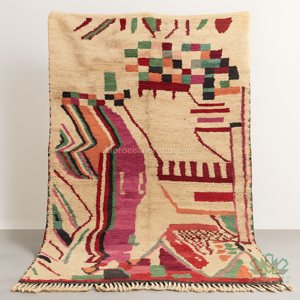 Colorful geometric-patterned rug on a plain background