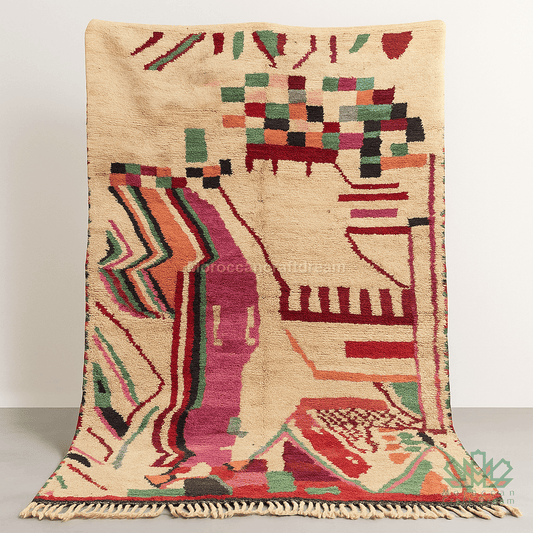 Colorful geometric-patterned rug on a plain background