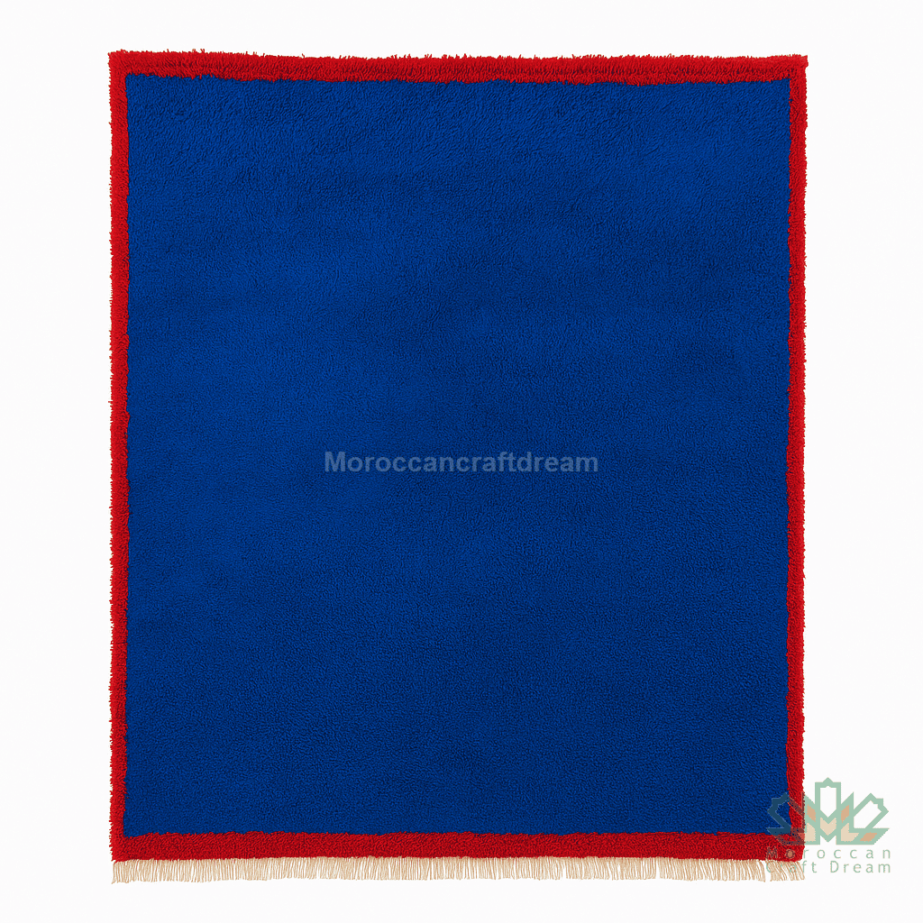 Blue fabric with red border and fringe on a white background