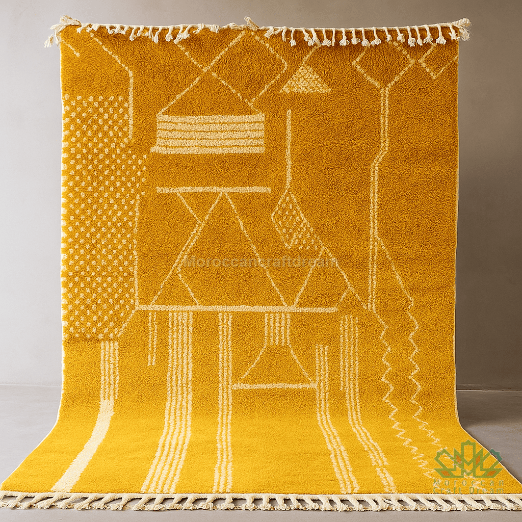 Yellow rug with geometric patterns on a plain background
