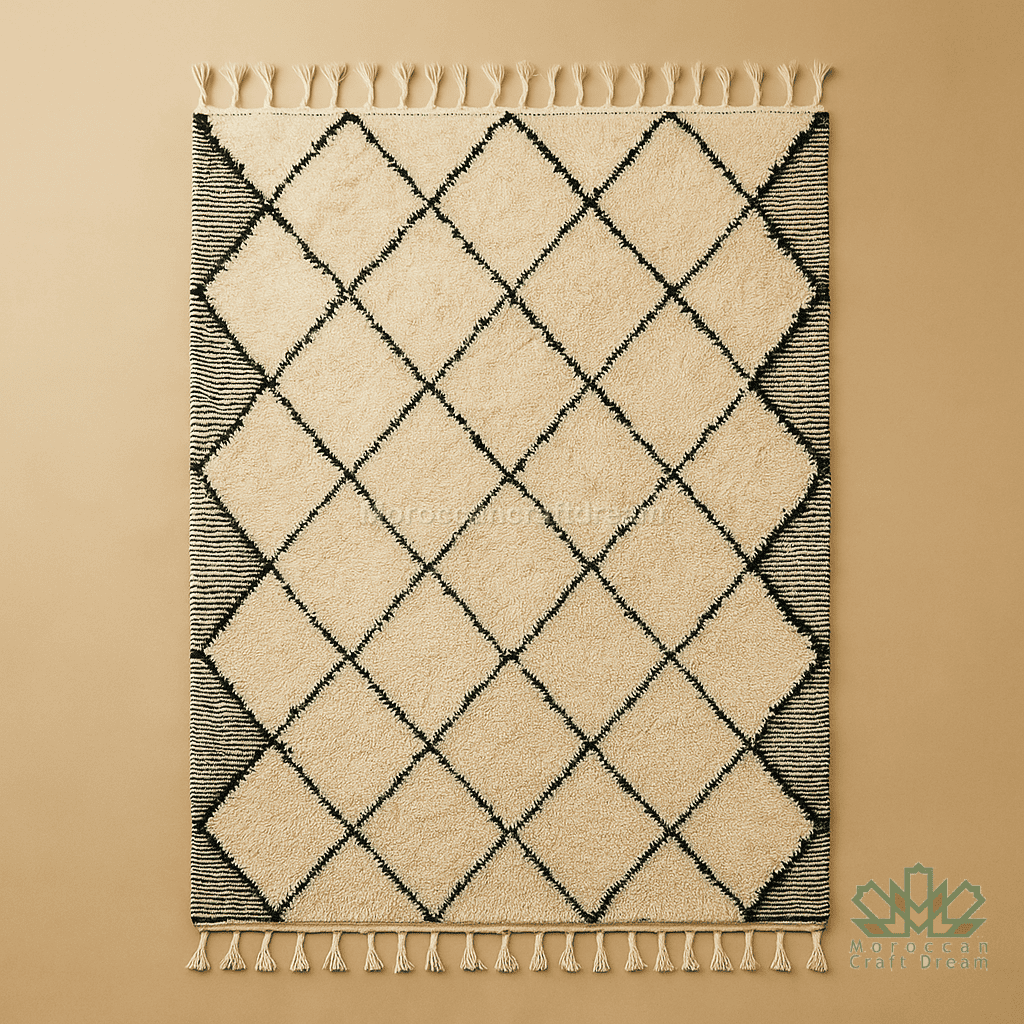 Beige and black diamond patterned rug with tassels on a beige background