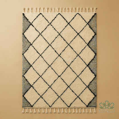 Beige and black diamond patterned rug with tassels on a beige background