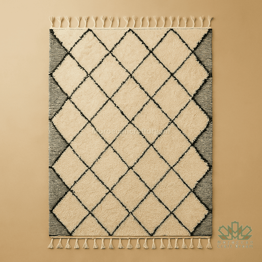 Beige and black diamond patterned rug with tassels on a beige background