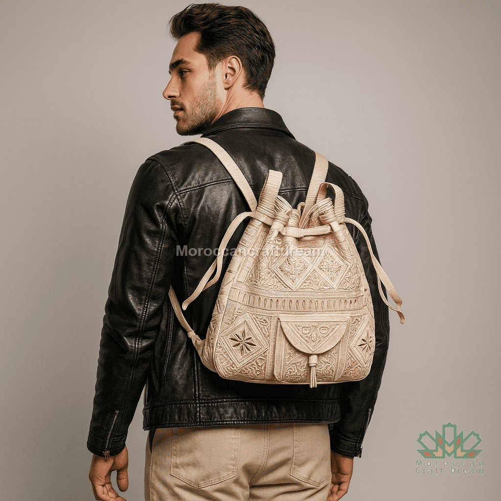 Man wearing a black leather jacket with a beige embroidered backpack on a neutral background