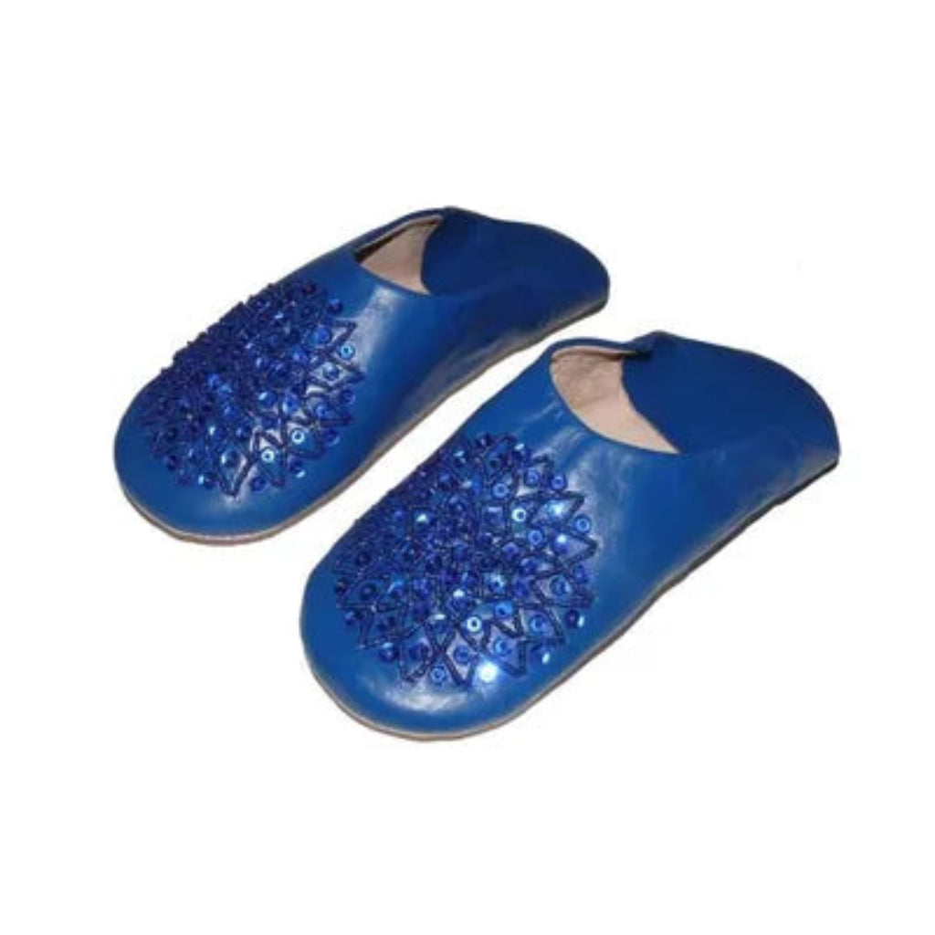 handmade leather slipper in blue color