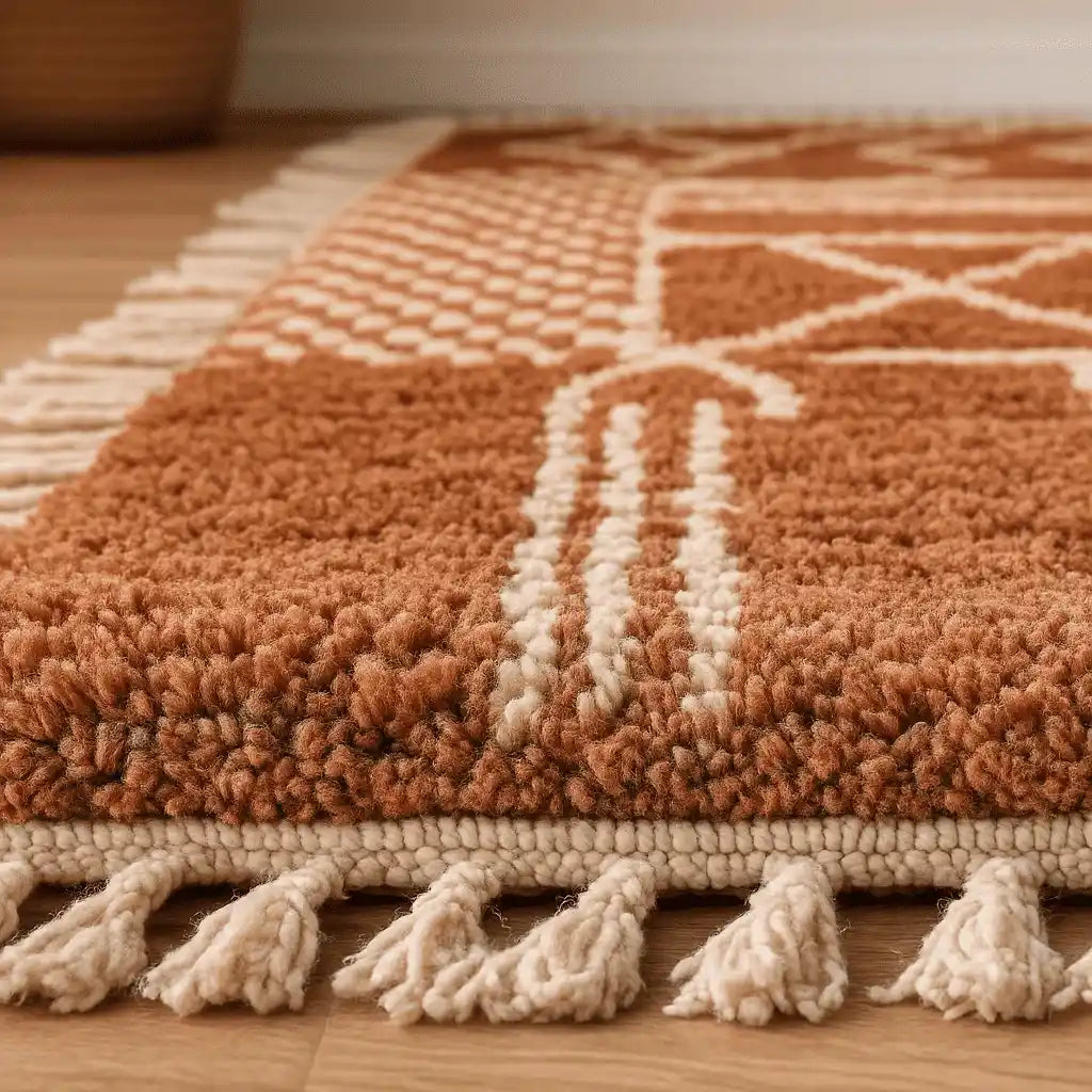 Brown and beige patterned rug with tassels on a wooden floor