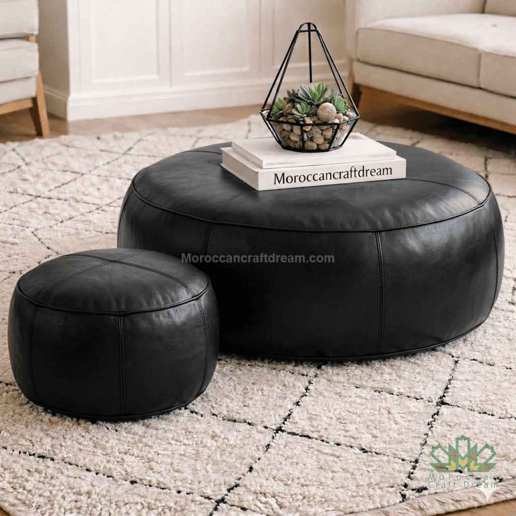 Two black leather ottomans on a patterned rug with a small plant and books on top.
