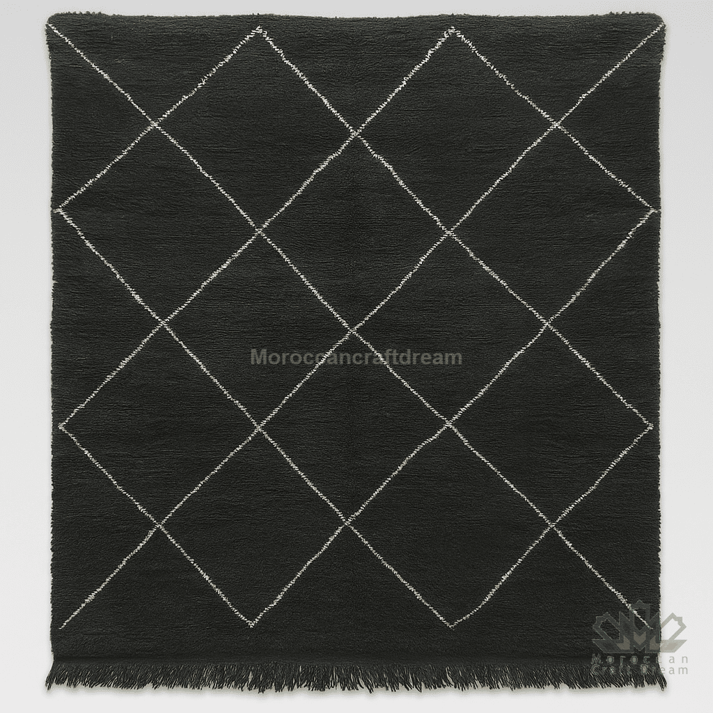 Black rug with white diamond pattern on a gray background