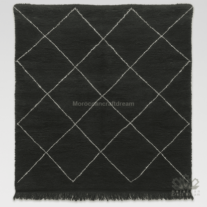 Black rug with white diamond pattern on a gray background