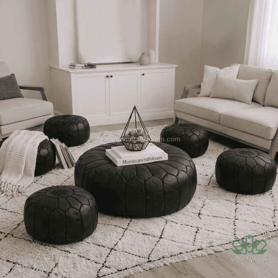 Living room with black leather ottomans and a white sofa.