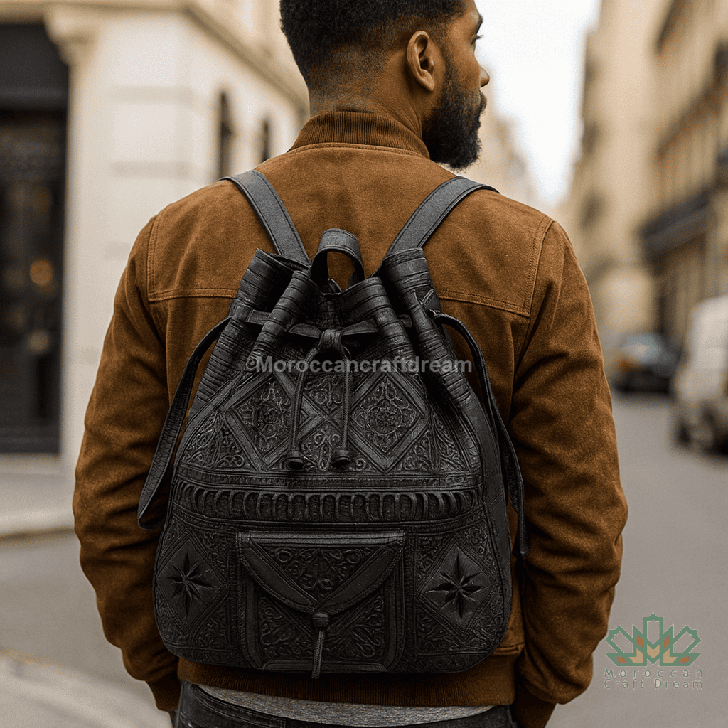 Man wearing a black embroidered backpack on a street