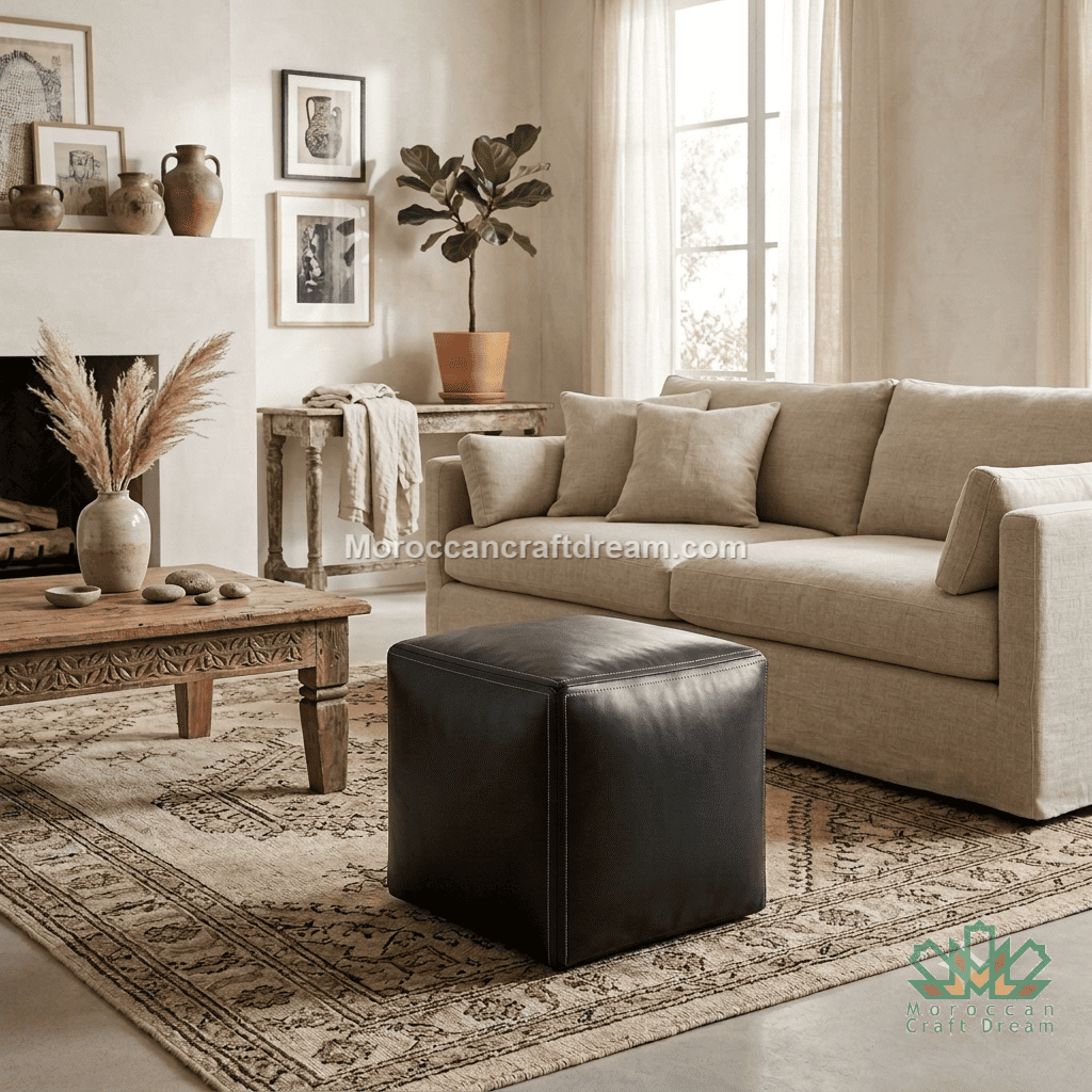 A styled living room scene featuring a beige fabric sofa, a black leather cube ottoman, a carved wooden coffee table, and a patterned area rug in a warm, neutral-toned interior.