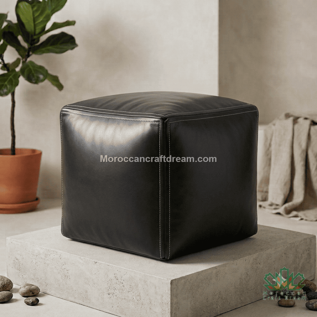 A black cube-shaped leather pouf ottoman displayed on a concrete pedestal in a styled room setting with a potted plant and draped fabric in the background.