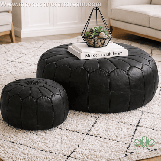 Authentic black handmade leather pouf and coffee table for modern Moroccan home decor