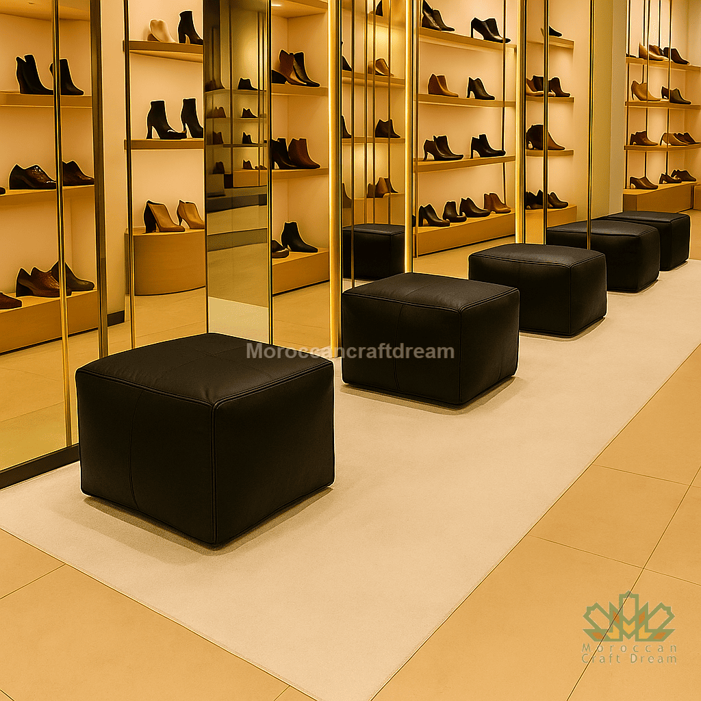 Shoe display area with black ottomans and mirrored walls in a store setting.