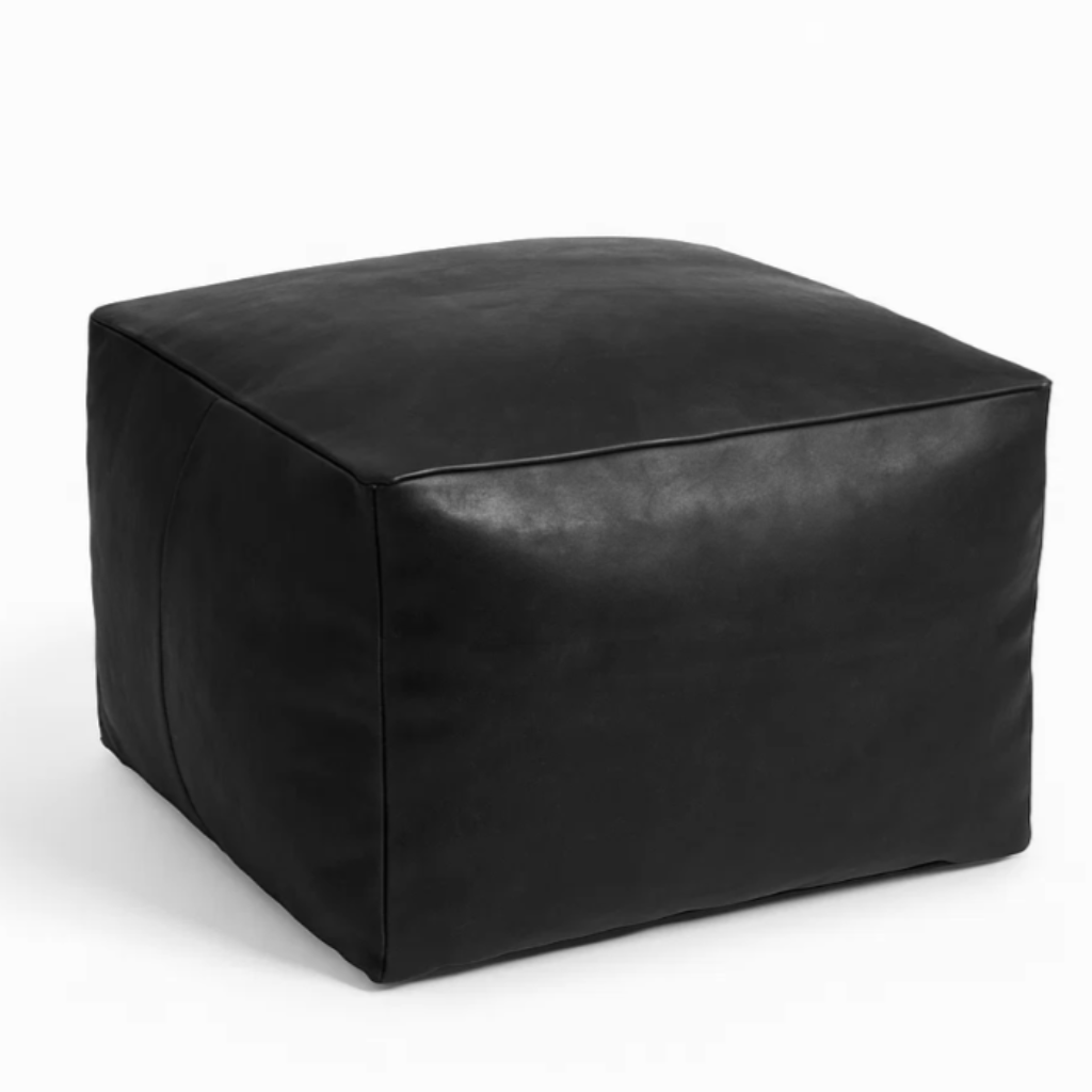 Black cube-shaped leather ottoman, square pouf 