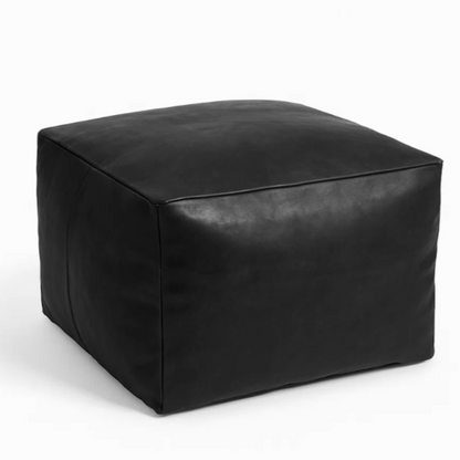 Black cube-shaped leather ottoman, square pouf 