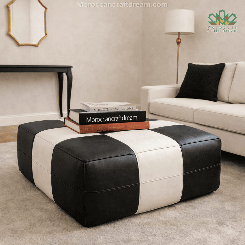 Black and white checkered leather ottoman coffee table, handcrafted Moroccan damier design, large genuine leather lounge seat and decorative coffee table in monochrome luxury style